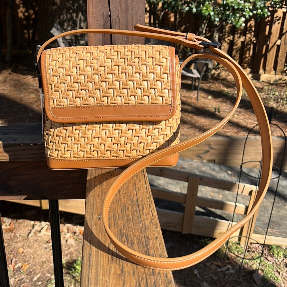 Vintage Nine West Tan/Brown Woven Crossbody “Button Down Mini” Natural NWT